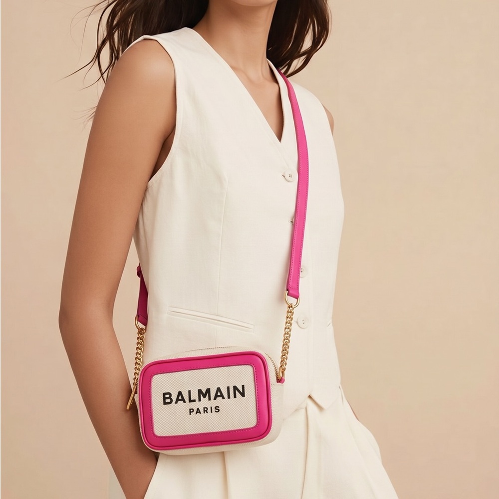 New Authentic Balmain Pink Leather-Trim Canvas Crossbody Bag